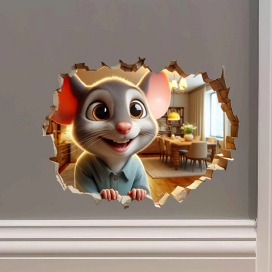 Mouse in Wall Hole Decal – Realistic Tiny Mouse Resident Wall Sticker (5-Inch)