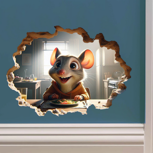 Tiny Mouse in Kitchen Wall Decal - 5" Realistic Mouse Hole Sticker