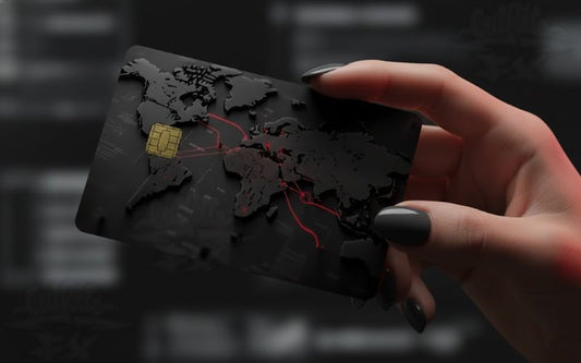 Hand holding a black card with world map design against a blurred background. By CutRiteFX