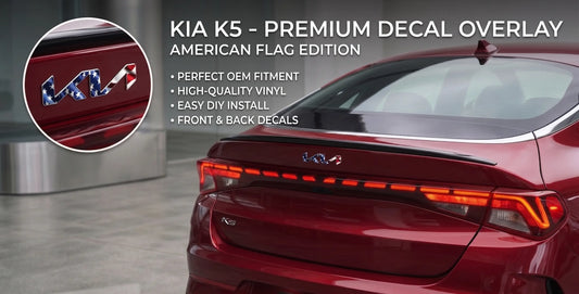 Rear view of a red Kia K5 featuring a custom American flag vinyl decal overlay on the trunk emblem, with text highlighting perfect OEM fitment, high-quality vinyl, and easy DIY installation