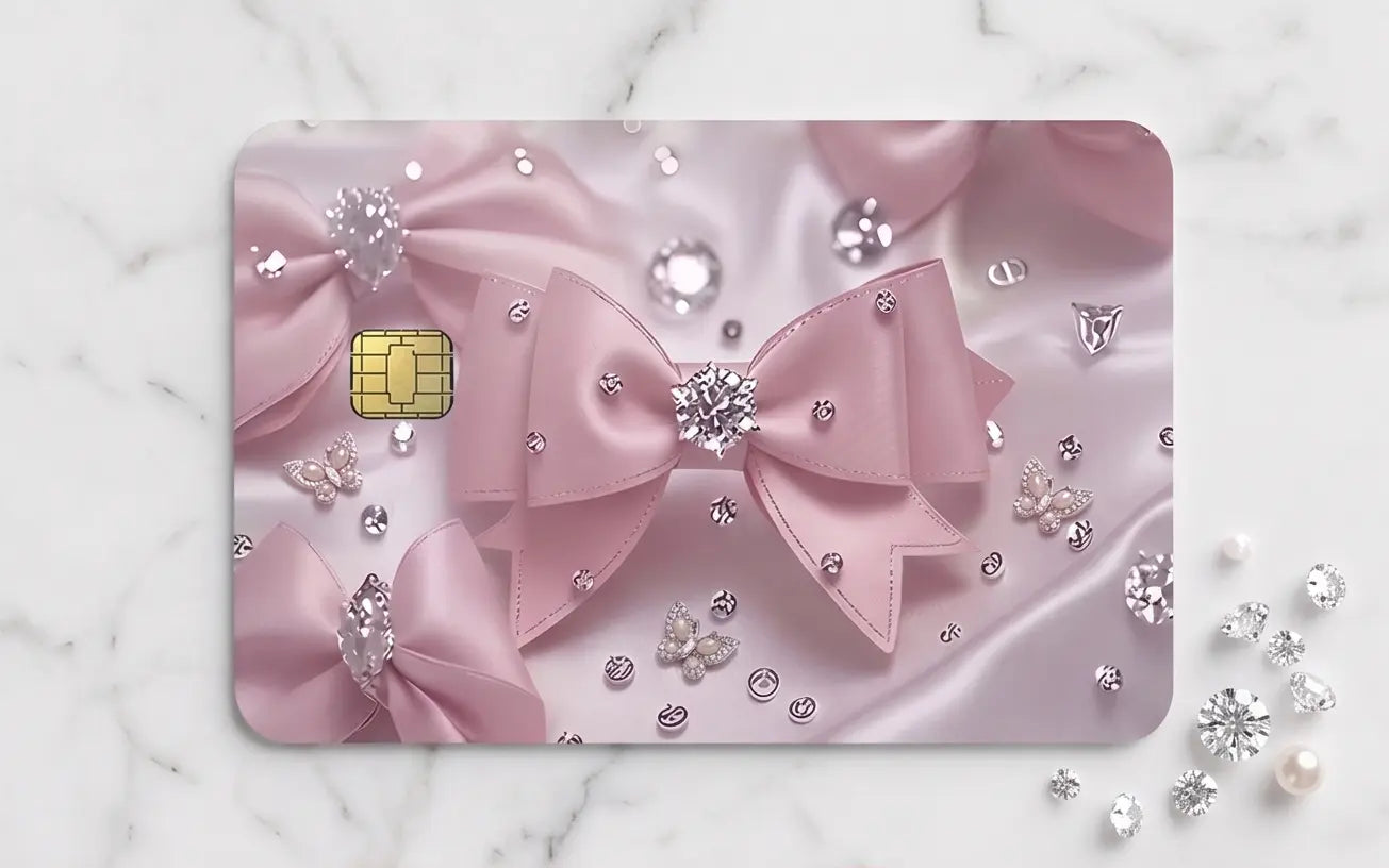 Pink Coquette Bow & Diamonds Credit Card Skin – Elegant Silk Ribbon Vinyl Debit Card Sticker Wrap (Glossy or Holographic Finish)