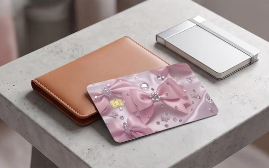 Pink Coquette Bow & Diamonds Credit Card Skin – Elegant Silk Ribbon Vinyl Debit Card Sticker Wrap (Glossy or Holographic Finish)