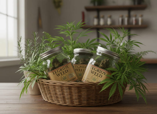 Three jars labeled 'Freddy's Weed' in a woven basket with plants on a wooden surface.