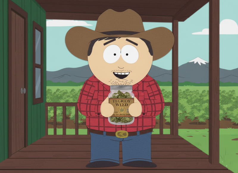 Cartoon character in a cowboy hat holding a jar labeled 'Tegridy Weed' on a porch with a scenic background.