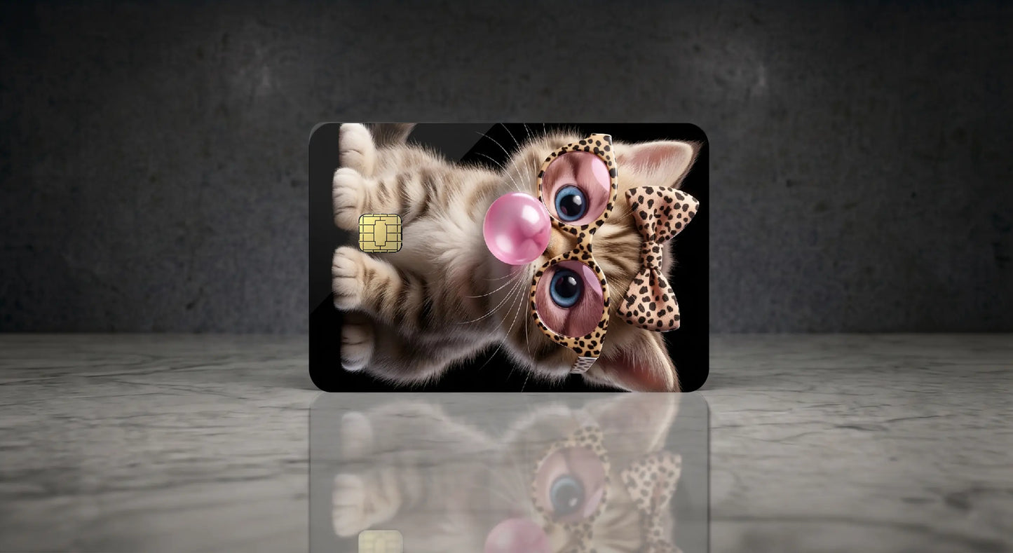 Cool Kitten with Glasses & Bubblegum Credit Card Skin Cover