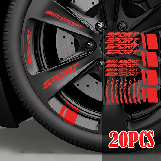 Red Sport vinyl rim decals installed on black performance car wheel