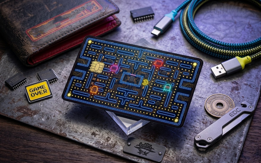 Futuristic credit card decal with a high-tech arcade maze design, glowing neon accents, and a pre-cut slot for the EMV chip