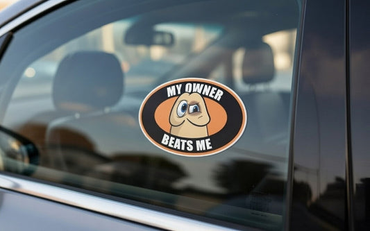 Car side window decal: 'MY OWNER BEATS ME' oval sticker with cartoon penis character applied to the rear passenger window of a silver sedan.