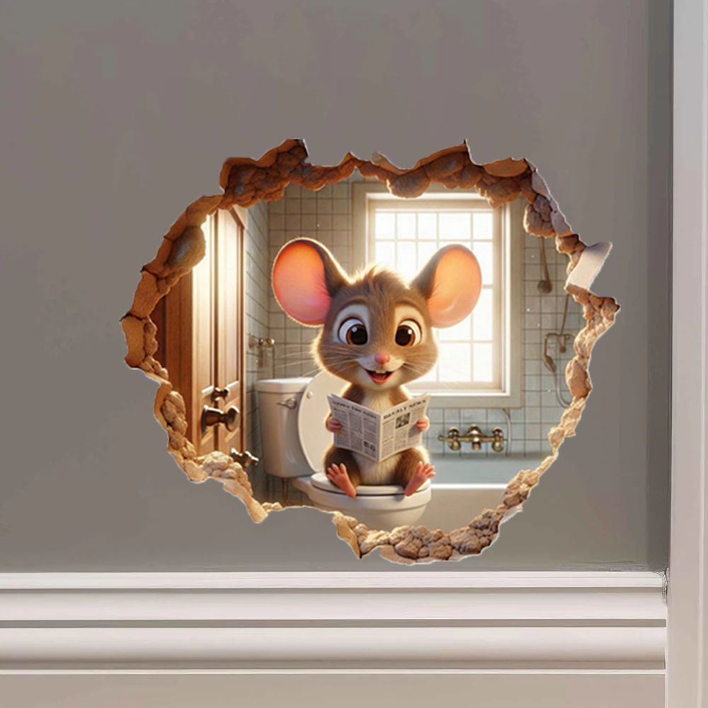 Funny 3D Mouse on Toilet Wall Decal | Bathroom Mouse Hole Sticker
