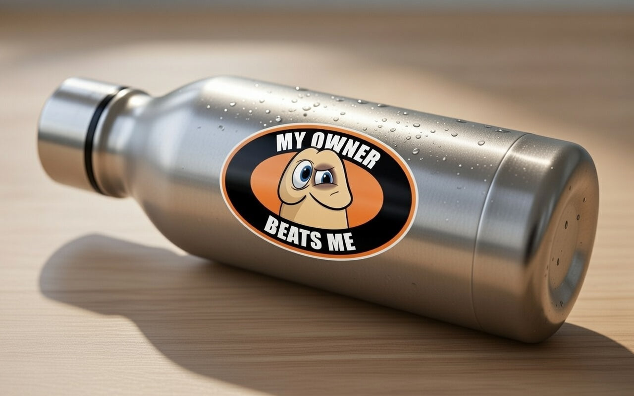 Funny "My Owner Beats Me" Cartoon Sticker - Adult Humor Laptop Decal, Vinyl Waterproof Meme Decal