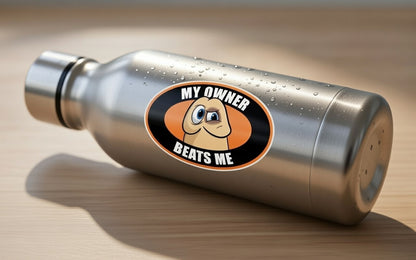Funny "My Owner Beats Me" Cartoon Sticker - Adult Humor Laptop Decal, Vinyl Waterproof Meme Decal