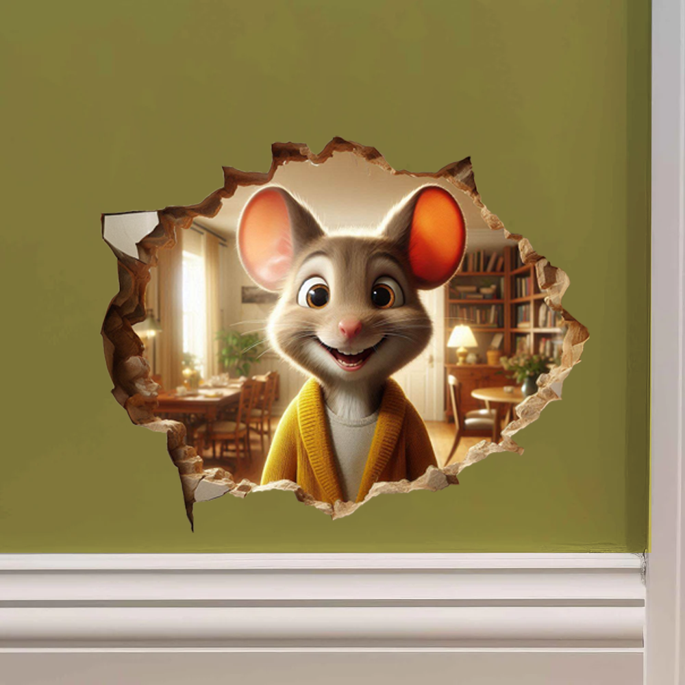 Realistic Mouse Hole Wall Decal - Tiny Mouse in Yellow Sweater Wall Sticker