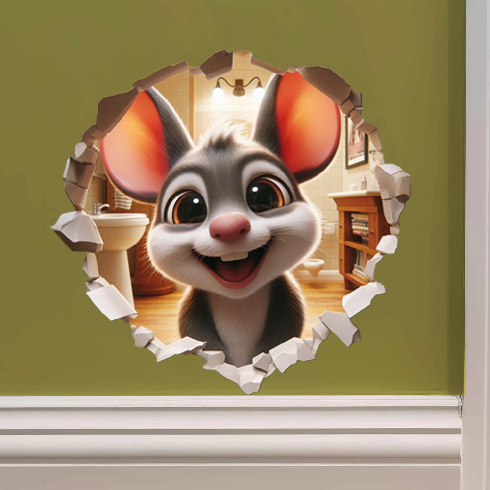 Mouse Hole Bathroom Decal - 5" Tiny Peeking Mouse Wall Sticker