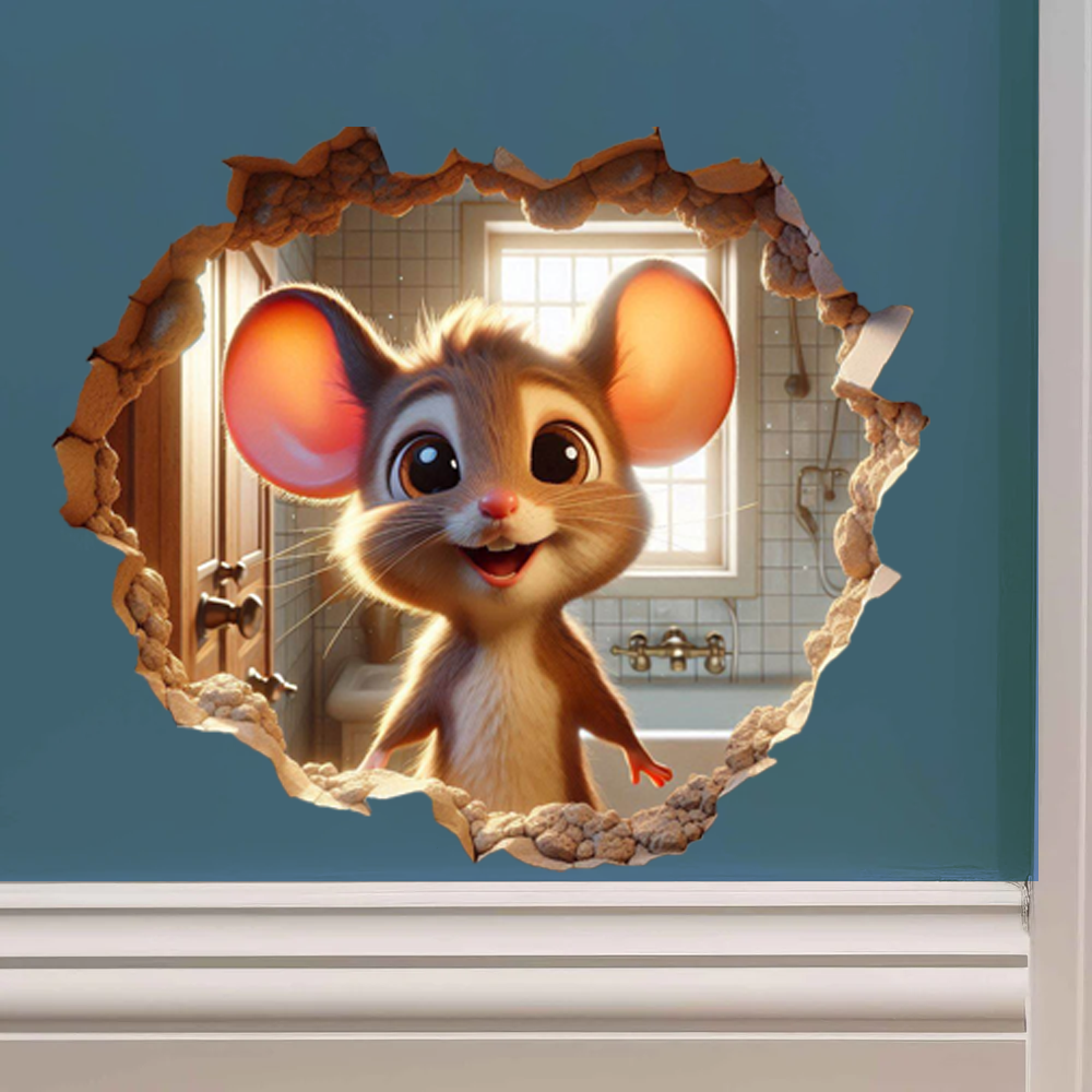 Mouse Hole Kitchen Decal - 5" Tiny Mouse Eating Dinner Wall Sticker