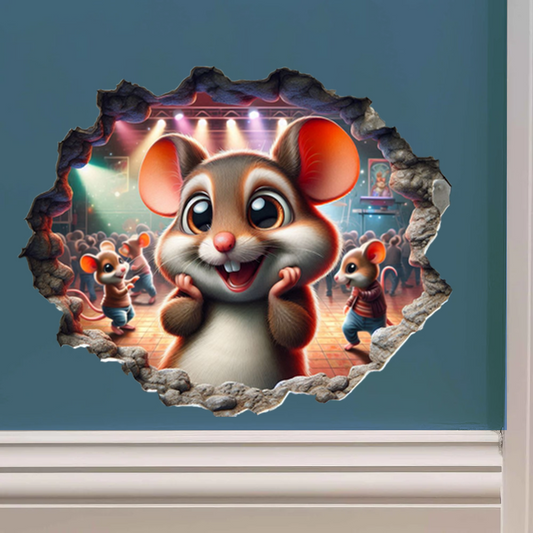 Mouse Hole Party Decal - 5" Tiny Mouse Dance Club Wall Sticker
