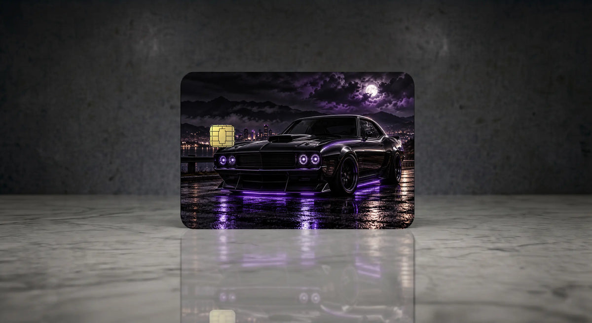Classic muscle car under moonlight vinyl credit card skin