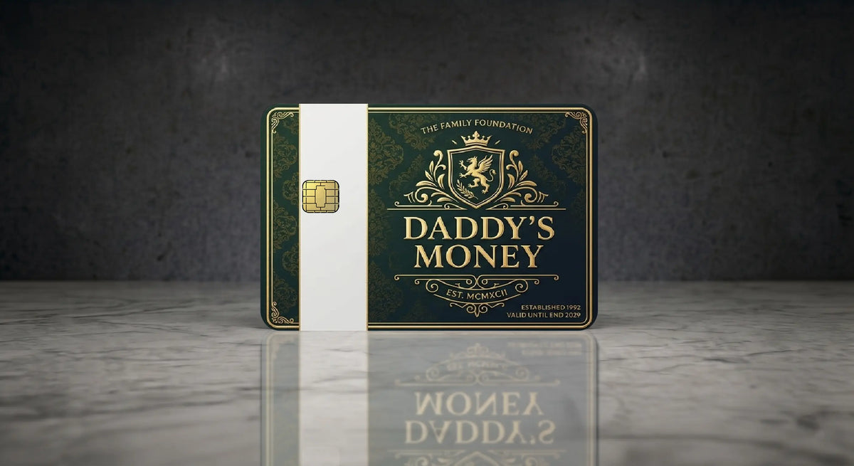 Daddy's Money credit card skin featuring dark green and gold ornate detailing, a royal crest, and a luxury-inspired design.