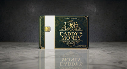 Daddy's Money credit card skin featuring dark green and gold ornate detailing, a royal crest, and a luxury-inspired design.