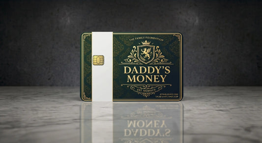 Daddy's Money credit card skin featuring dark green and gold ornate detailing, a royal crest, and a luxury-inspired design.