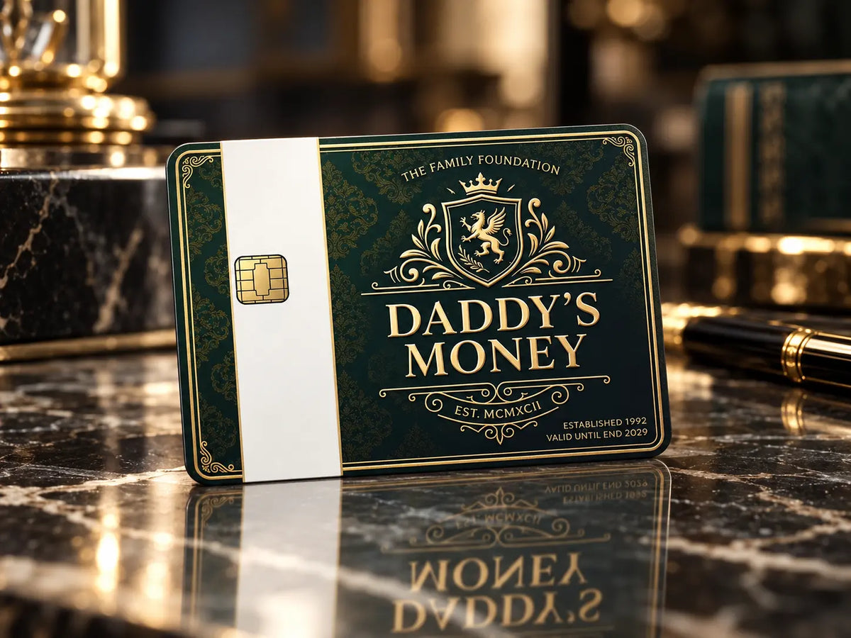 Daddy's Money credit card skin featuring dark green and gold ornate detailing, a royal crest, and a luxury-inspired design.