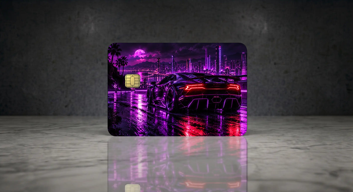 Exotic sports car with purple nighttime city credit card skin