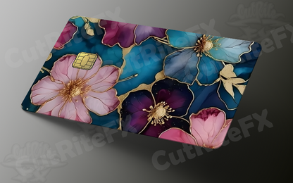 Floral Bloom Credit Card Skin - Teal & Gold Elegance