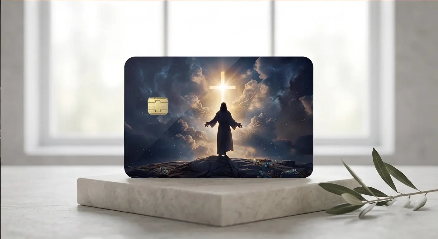 Jesus & Glowing Cross Credit Card Skin – Faith Vinyl Debit Card Sticker Wrap
