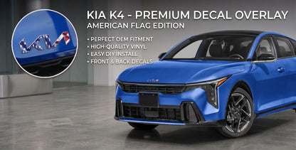 Front angle of a blue Kia K4 displaying an American Flag Edition premium decal overlay on the hood emblem, part of a front and back 2-piece custom vinyl kit.