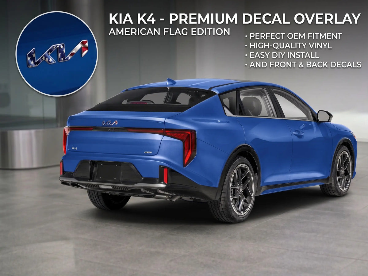 Rear view of a blue Kia K4 featuring a custom American flag vinyl decal overlay on the trunk emblem, with text highlighting perfect OEM fitment, high-quality vinyl, and easy DIY installation
