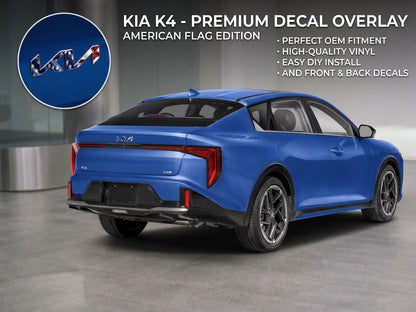 Rear view of a blue Kia K4 featuring a custom American flag vinyl decal overlay on the trunk emblem, with text highlighting perfect OEM fitment, high-quality vinyl, and easy DIY installation