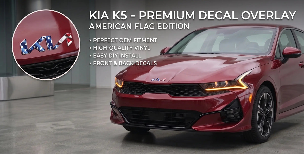 Front angle of a red Kia K5 displaying an American Flag Edition premium decal overlay on the hood emblem, part of a front and back 2-piece custom vinyl kit.