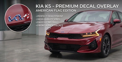 Front angle of a red Kia K5 displaying an American Flag Edition premium decal overlay on the hood emblem, part of a front and back 2-piece custom vinyl kit.