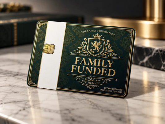 Family Funded credit card skin with dark green background, gold royal crest, ornate details and luxury-inspired design.