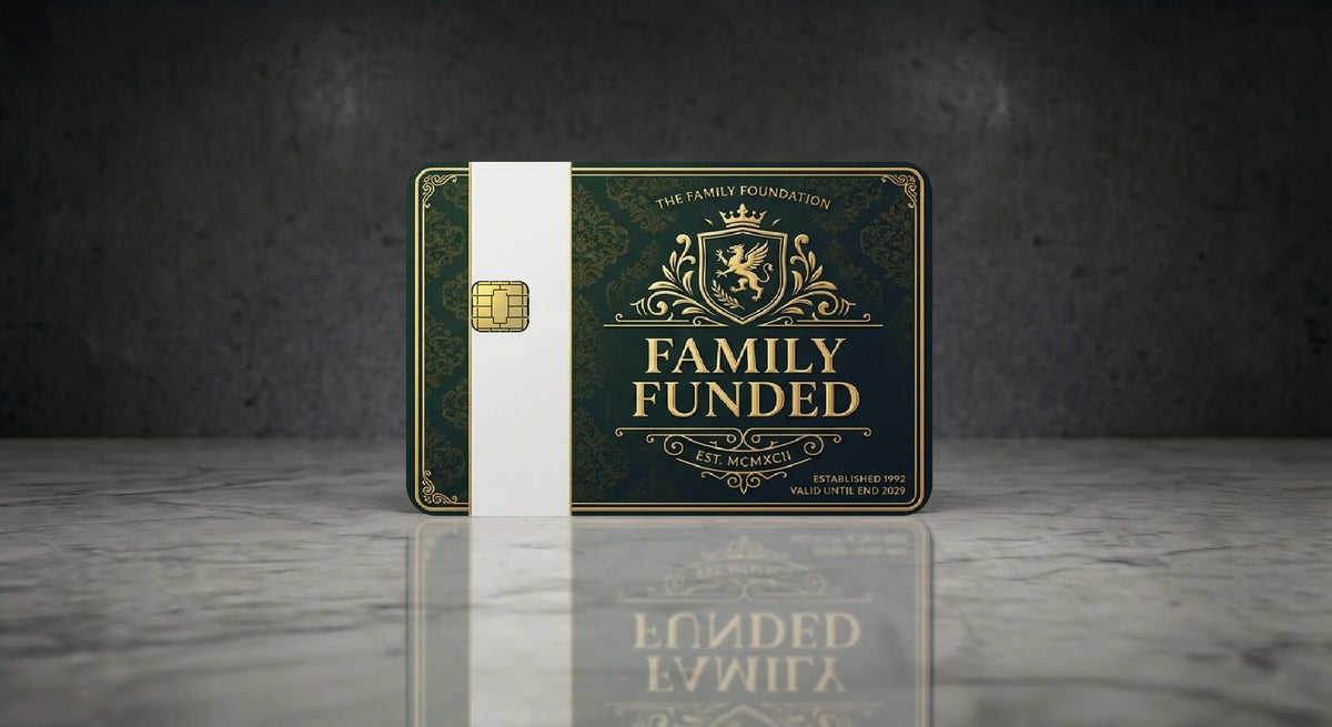 Family Funded credit card skin with dark green background, gold royal crest, ornate details and luxury-inspired design.