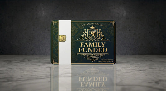 Family Funded credit card skin with dark green background, gold royal crest, ornate details and luxury-inspired design.