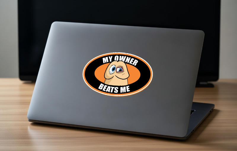Humorous adult meme decal: cartoon dick with angry eyes saying 'MY OWNER BEATS ME' inside an orange-and-black oval frame.