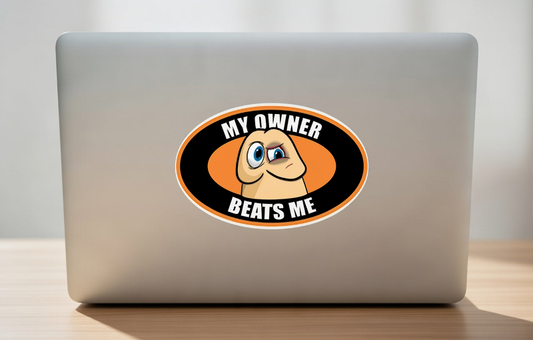 Oval vinyl sticker featuring a cartoon penis character with blue eyes and the text 'MY OWNER BEATS ME' in bold white letters on black and orange background.