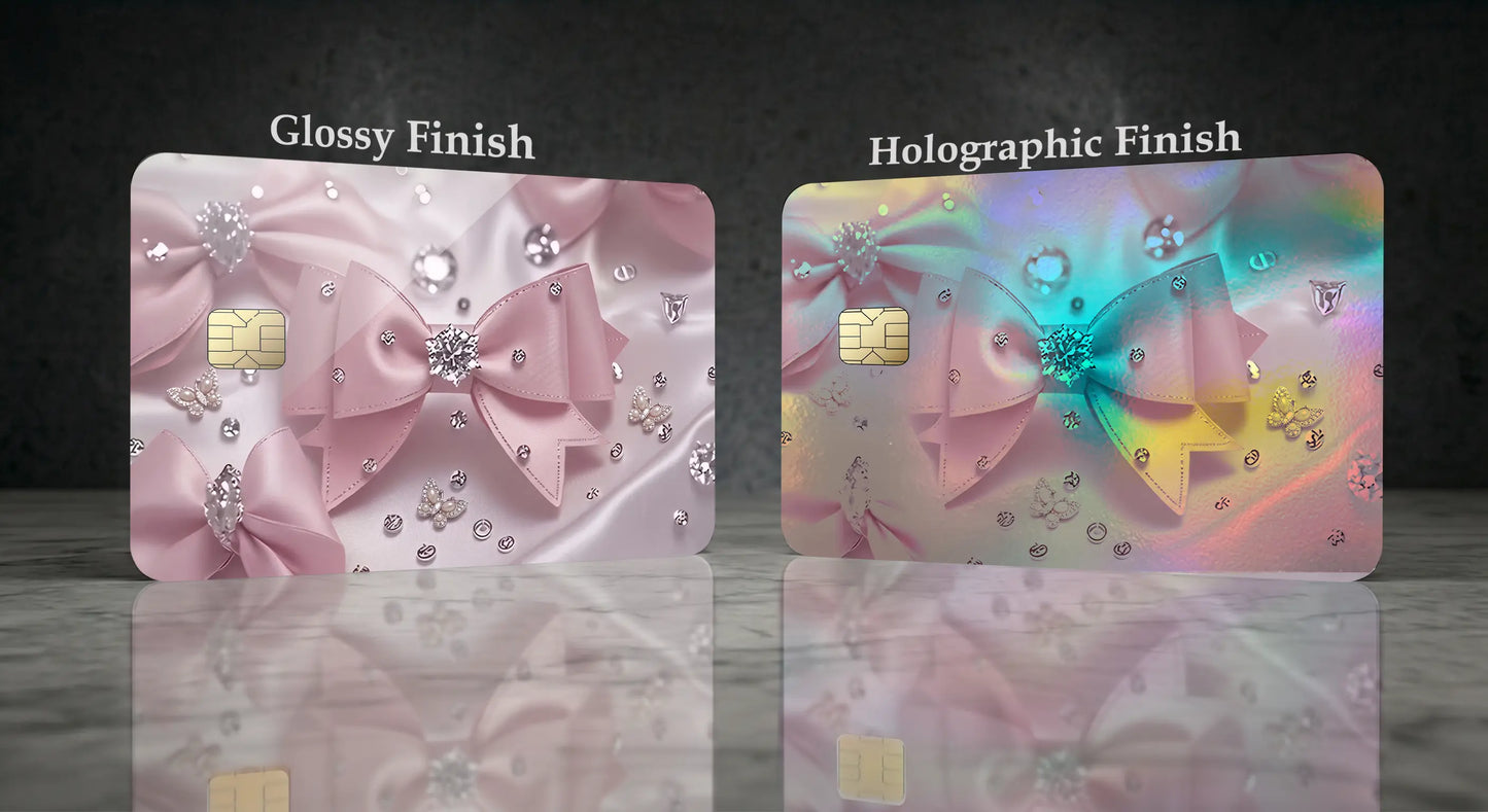 Pink Coquette Bow & Diamonds Credit Card Skin – Elegant Silk Ribbon Vinyl Debit Card Sticker Wrap (Glossy or Holographic Finish)