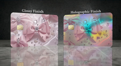Pink Coquette Bow & Diamonds Credit Card Skin – Elegant Silk Ribbon Vinyl Debit Card Sticker Wrap (Glossy or Holographic Finish)