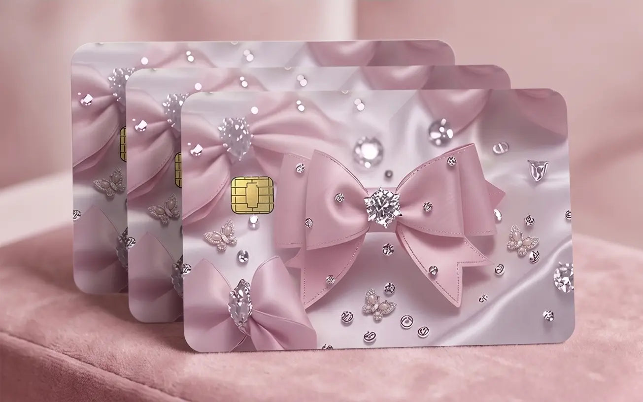 Pink Coquette Bow & Diamonds Credit Card Skin – Elegant Silk Ribbon Vinyl Debit Card Sticker Wrap (Glossy or Holographic Finish)