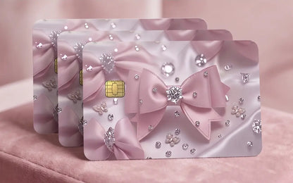 Pink Coquette Bow & Diamonds Credit Card Skin – Elegant Silk Ribbon Vinyl Debit Card Sticker Wrap (Glossy or Holographic Finish)