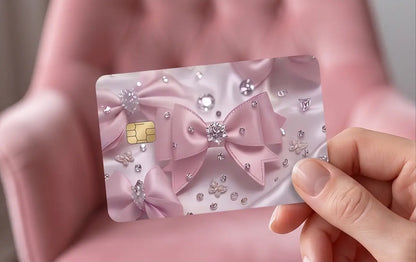 Pink Coquette Bow & Diamonds Credit Card Skin – Elegant Silk Ribbon Vinyl Debit Card Sticker Wrap (Glossy or Holographic Finish)