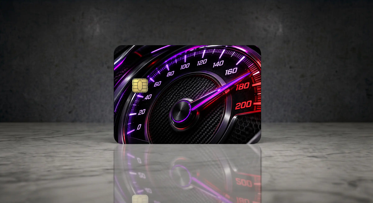 Purple and red illuminated speedometer credit card skin