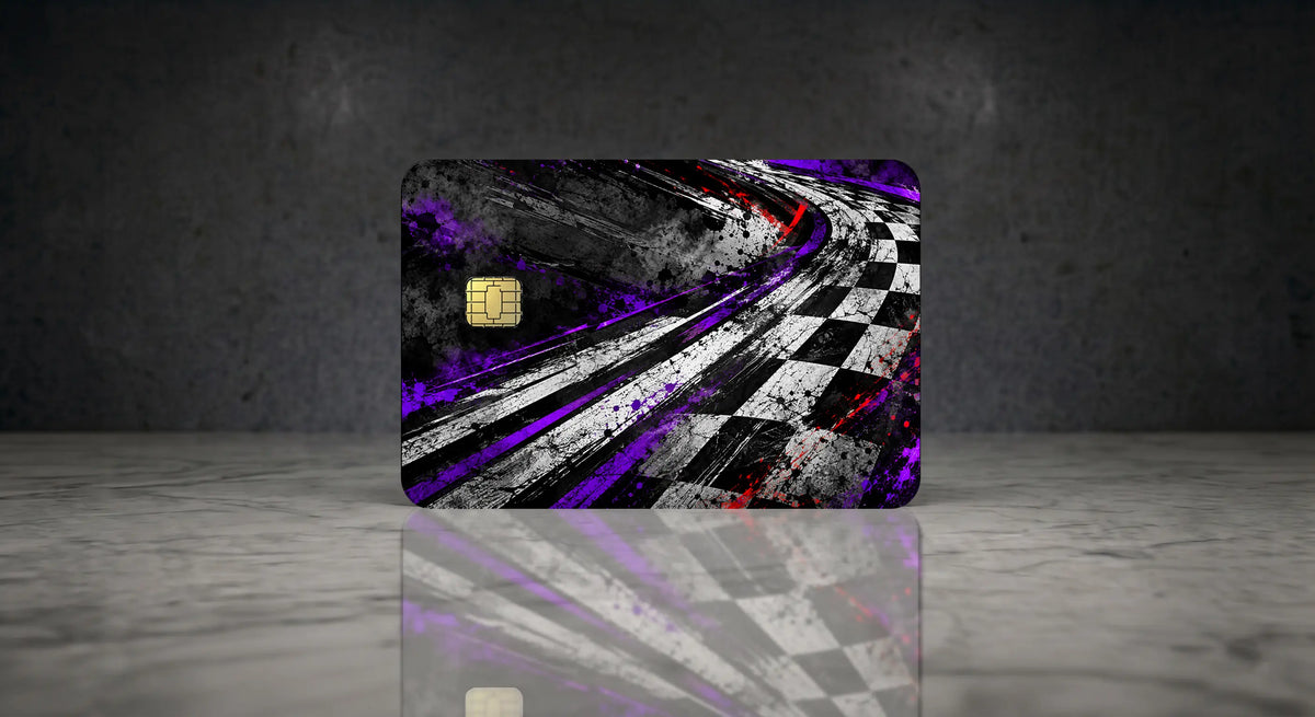 Purple racing stripes and checkered flag vinyl credit card skin