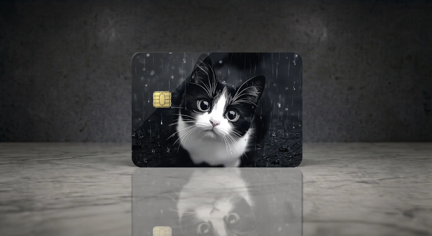 Sad Tuxedo Cat in the Rain Credit Card Skin | Cute Aesthetic Premium Vinyl Decal