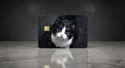 Sad Tuxedo Cat in the Rain Credit Card Skin | Cute Aesthetic Premium Vinyl Decal