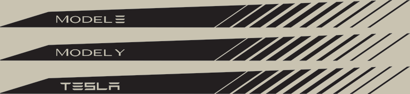 up view of a precision-cut vinyl side stripe for a Tesla, showing the "Model 3" typography and the gradient diagonal stripe pattern against a white car door.