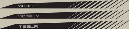 up view of a precision-cut vinyl side stripe for a Tesla, showing the "Model 3" typography and the gradient diagonal stripe pattern against a white car door.