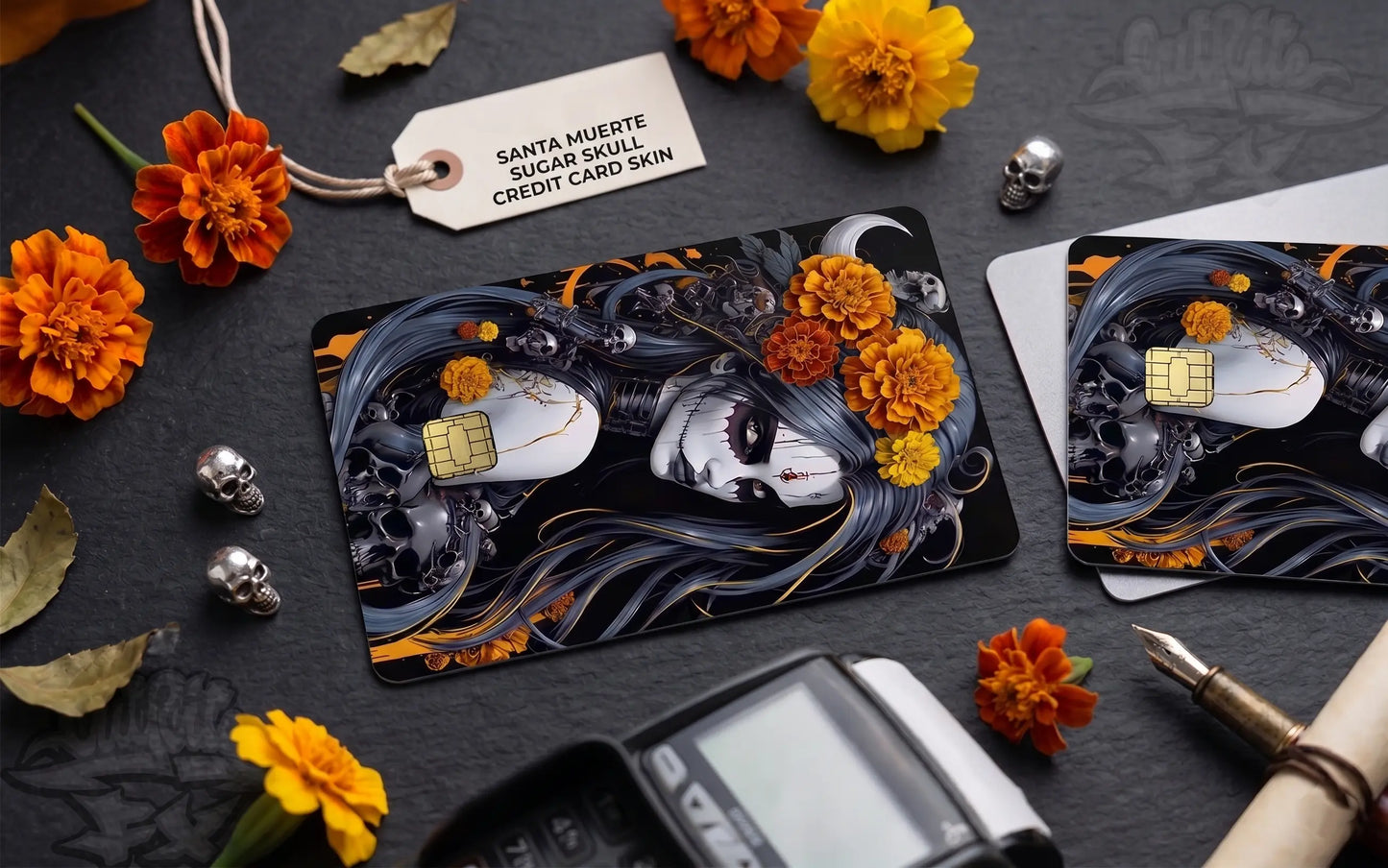 Santa Muerte Sugar Skull Credit Card Skin | Glossy & Holographic Finishes