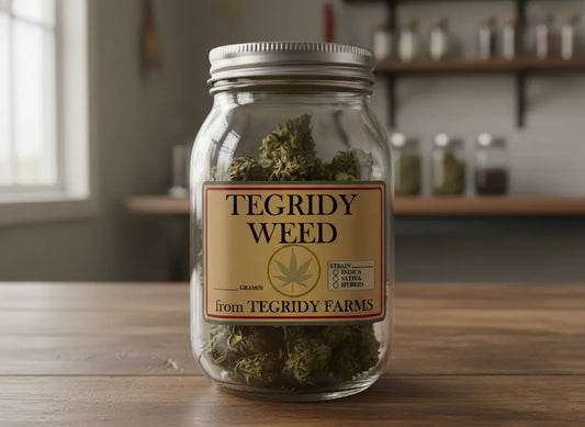 Jar of dried cannabis with Tegridy Farms label on a wooden table.